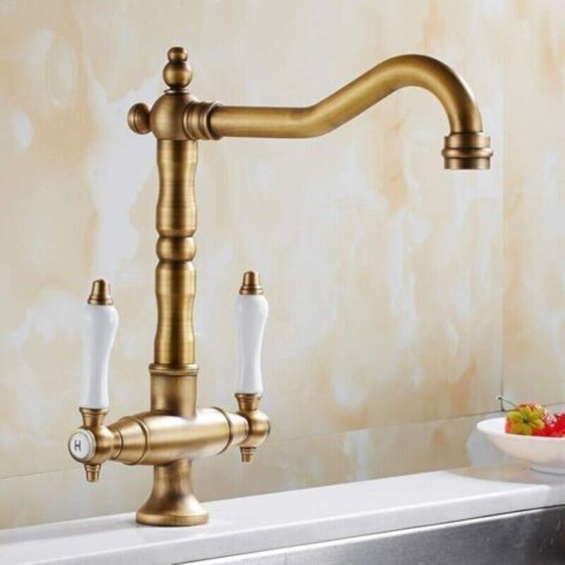 Massive Messing-küchenarmatur Mit Mischfunktion – Doppelgriff – 360° Drehbarer Hoher Auslauf – Antik-bronze-finish – Tropfschutz