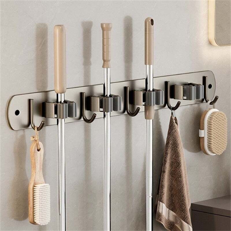 Wandhalterung Für Besen Ohne Bohren – Hängender Besenhalter Mit 4 Clips Und 5 Haken. Dunkelgrau. 53x4 Cm. Für Badezimmer, Küche, Balkon