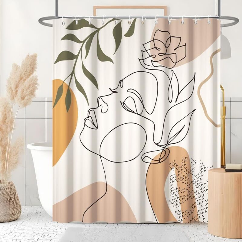 Schimmelresistenter Duschvorhang, Orange Duschvorhang 180x180cm Abstraktes Frauengesicht, Waschbarer Und Wasserdichter Polyester-badewannenvorhang, Badezimmer-vorhänge Mit 12 Haken