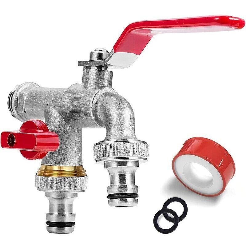Doppelter Gartenwasserhahn. Wasserhahn Mit 2 Ausgängen 3/4" - Eingang 1/2". 1 Rolle Dichtband. Doppelanschluss Und Gartenschlauchadapter Für Regentonne, Waschmaschine (rot)