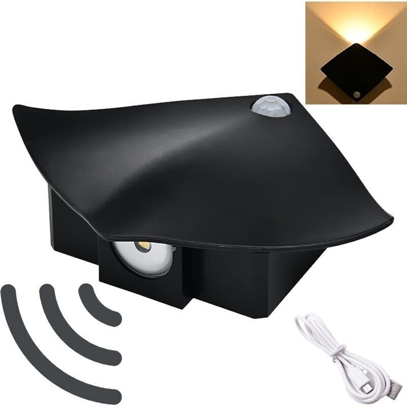 Wandleuchten Led-wandleuchte Mit Batterie Und Bewegungsmelder. Usb-innenleuchte Mit Schalter, Warmweißes Licht 3000k, Schwarz