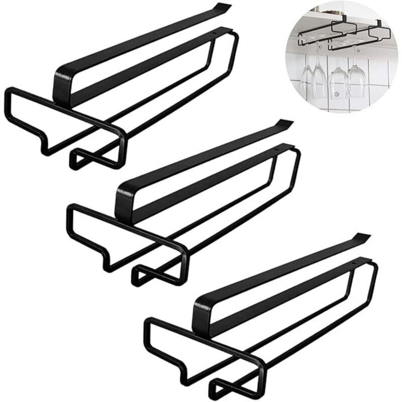 Aufgehängter Weinglashalter, 3 Stück. Weinglashalter Unter Dem Schrank. Stabiler Weinglashalter Ohne Bohren. Metall-weinglashalter Für Küchenregal. Café-bar. Esszimmer (schwarz)