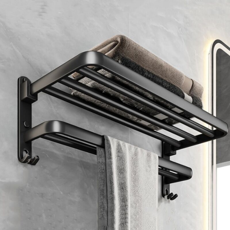 Badezimmer-aufbewahrungsset - Handtuchhalter Aus Schwarzem Aluminium. Ohne Bohren - Elegant Und Praktisch, 50 Cm