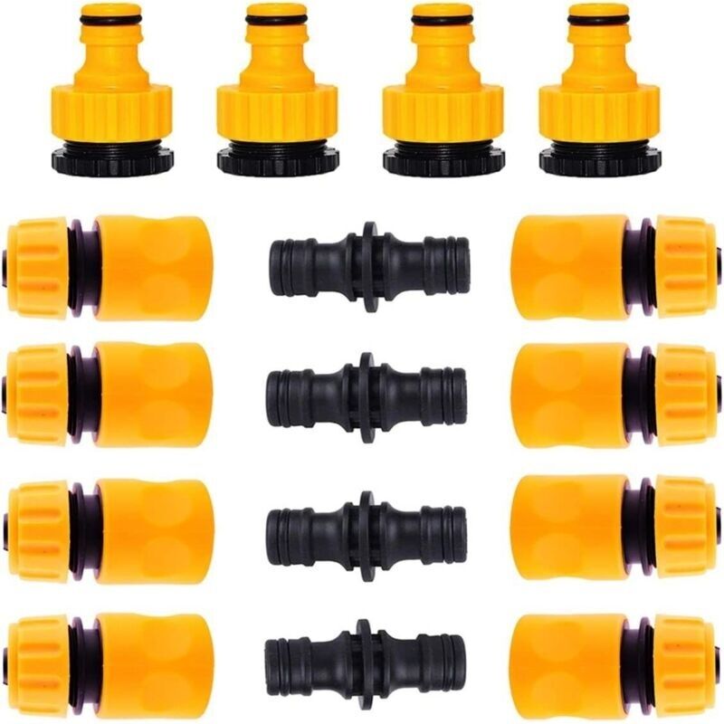 Set Aus 16 Gartenschlauchverbindungen. 8 Stück 1/2-zoll-schnellkupplungen, 4 Doppelkupplungen Und 4 Stück 3/4-zoll-adapter. Kunststoff-gartenschlauchverbinder