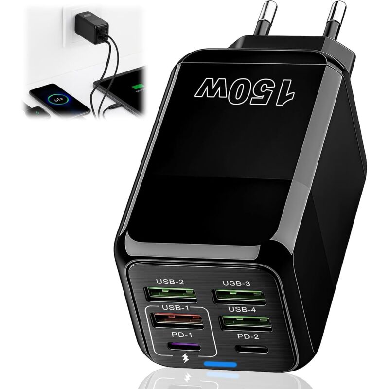 Schnelles 150w 6-port Usb-ladegerät (2 Usb-c + 4 Usb-a) Usb-c Adapter Für Iphone 17 16 15 14 13 Pro Max, Kompatibel Mit Ipad, Huawei, Xiaomi, Macbook, Samsung S25 S24
