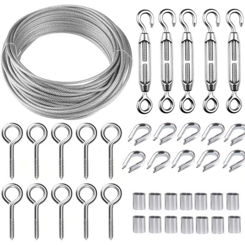 30m Edelstahl-seil Zum Aufhängen, Set. Metallkabel-set. 2mm Beschichtetes Edelstahlkabel Mit M5-seilspanner Und Ösenhaken. Für Kletterpflanzen, Geländer, Wäscheleine.