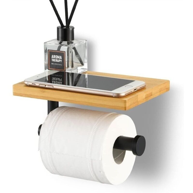 Wandmontierte Toilettenpapierhalter Aus Sus304 Edelstahl – Natürliches Bambusregal – Keine Bohrung Erforderlich – Feuchtigkeitsbeständig