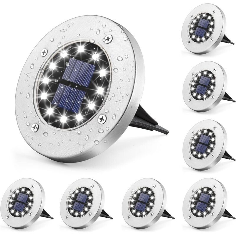 Set Aus 8 Solar-bodenleuchten Für Den Garten. 12 Leds. Weiß. Edelstahl. Wasserdicht. Für Außenbereich, Garten, Terrasse, Rasen, Hof Und Wege.