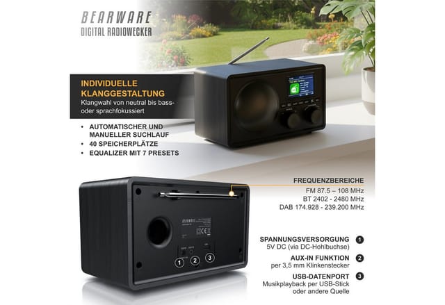 BEARWARE Radio mit TFT Display, Küchenradio digital, UKW FM, Wecker, Bluetooth Digitalradio (DAB) (Digitalradio (DAB), UKW (FM), Automatischer & manueller Suchlauf, Equalizer, DAB, USB, AUX, 2 Alarme)