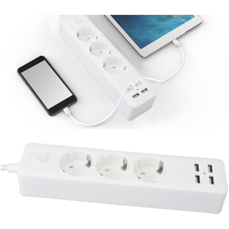 Europäische Steckerleiste Mit 3 Steckdosen, 2200w, 4 Usb-anschlüssen Und 1,8 M Kabel. Universelle Mehrfachsteckdose Mit Schalter Für Zuhause, Reisen Und Büro.
