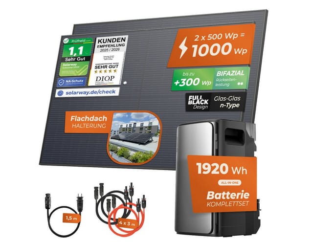 Solarway Balkonkraftwerk 1000Wp / 800W mit 1,9kWh Speicher komplett Steckdose, Monokristalline Halbzellen mit n-Type Technologie, (500W bifaziale Solarmodule & EcoFlow Speicher & Zubehör), 1,9 kWh EcoFlow Stream Max - Solaranlage Komplettset