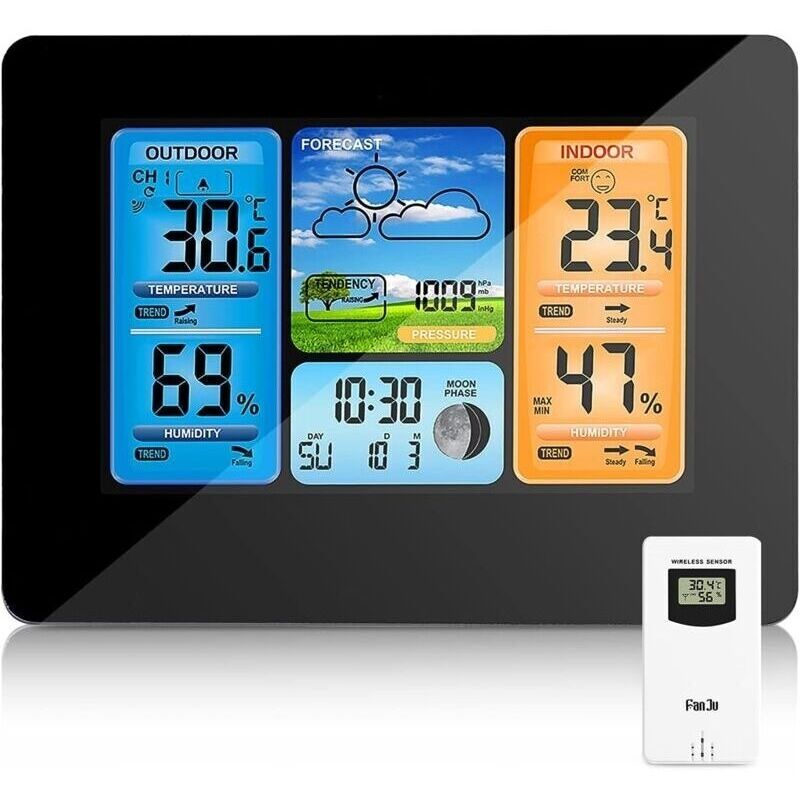 Drahtlose Wetterstation Mit Digitaler Farbvorhersage, Warnfunktion Sowie Temperatur-, Feuchtigkeits- Und Barometermessung, Alarm, Mondphasenanzeige Und Außensensor