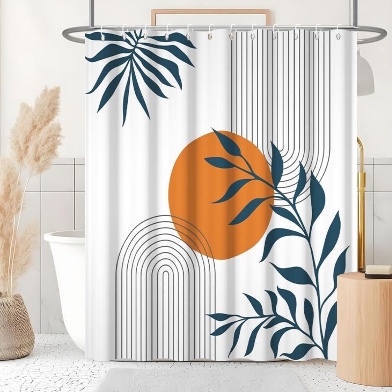 Schimmelresistenter Duschvorhang, 180x180 Cm Abstrakter Sonnen-terrakotta-blau-blätter-duschvorhang, Waschbarer, Wasserdichter Stoff-badvorhang Mit 12 Haken