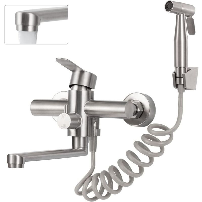 Wandmontierte Küchenarmatur. Küchenmischer Mit Sprühkopf. 360° Schwenkbar. Mischbatterie. 23 Cm Drehbares Rohr. Edelstahl. Gebürstet