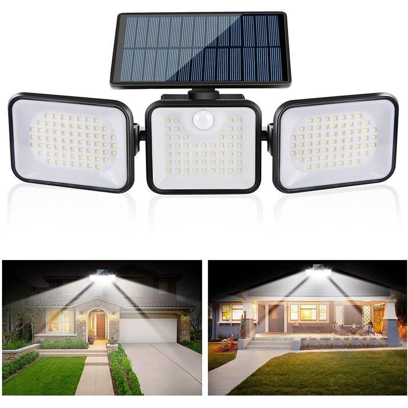Solarleuchte Für Außen Mit Bewegungsmelder. 3 Köpfe, 180 Led, Solare Außenbeleuchtung, Ip65 Wasserdicht, Solare Außenbeleuchtung Mit 3 Modi, Led-solarstrahler Für Den Garten [energieeffizienzklasse A+
