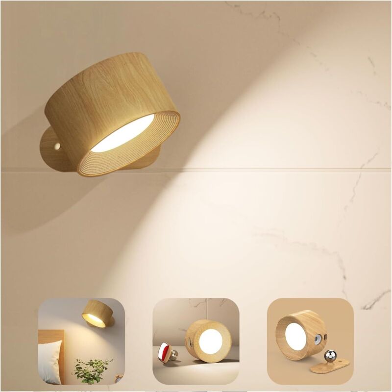 Wandleuchte Für Innenräume, Led-wandlampe Mit Touch-steuerung Und Usb-ladeanschluss, 3 Helligkeitsstufen, 360° Drehbar, 3 Farbtemperaturen, Lampe Für Schlafzimmer, 1er-pack (holzmaserung)
