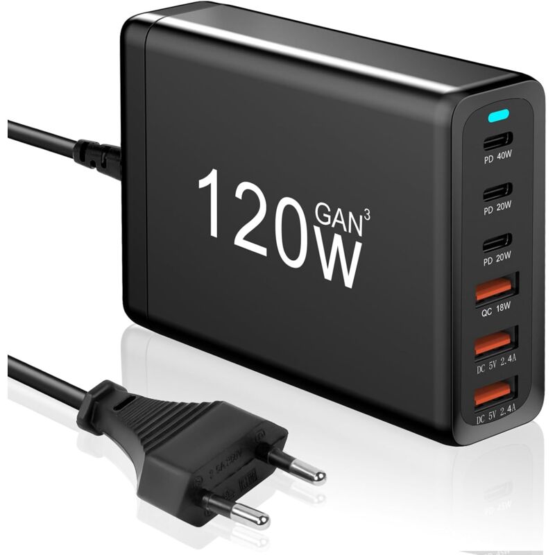 Schnellladegerät Usb-c 120w, Netzladegerät Mit 3 Usb-c + 3 Usb-a, Schnelllade-ladestation Adapter Kompatibel Mit Macbook Pro/air, Ipad, Iphone, Galaxy, Huawei