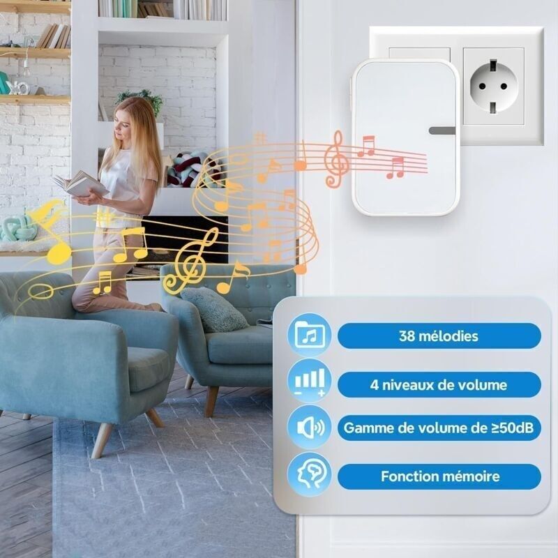 Kabellose Türklingel, Wasserdicht Ip44 Für Außen- Und Innenbereich. Batteriebetriebene Kabellose Türklingel Ohne Batterien. 38 Melodien Und 4 Lautstärkestufen. 1 Sender, 2 Empfänger, Reichweite 150 M