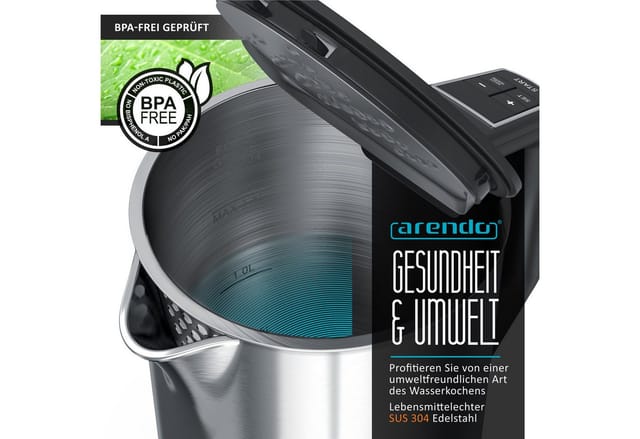 Arendo Frühstücks-Set Edelstahl Wasserkocher 1,5l, 4-Scheiben Langschlitz Toaster, silber (2-tlg), Wasserkocher mit Temperatureinstellung