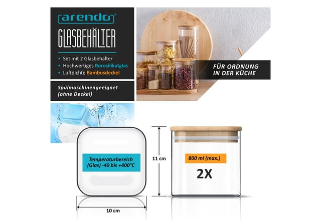 Arendo Aufbewahrungsbecher Glasbehälter 2x 2L, 2x 1,5L & 2x 1L Borosilikat Bambusdeckel luftdicht, Borosilikatglas, Bambus, Silikon, (Vorratsbehälter-Set, 6-tlg., 6er Set), Hitzebeständig, umweltfreundlich, langlebig, mikrowellengeeignet