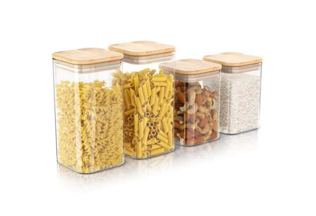 Arendo Aufbewahrungsbecher Glasbehälter 2x 2L & 2x 1,5L Borosilikat, Bambusdeckel, luftdicht, Borosilikatglas, Bambus, Silikon, (Vorratsbehälter-Set, 4-tlg., 2er Set), Hitzebeständig, umweltfreundlich, langlebig, mikrowellengeeignet