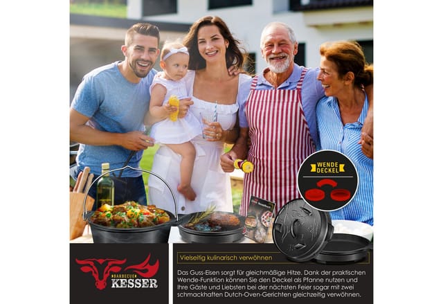 KESSER Feuertopf, Gußeisen, Dutch Oven Set BBQ Feuertopf Schmortopf, Gusseisen Topf