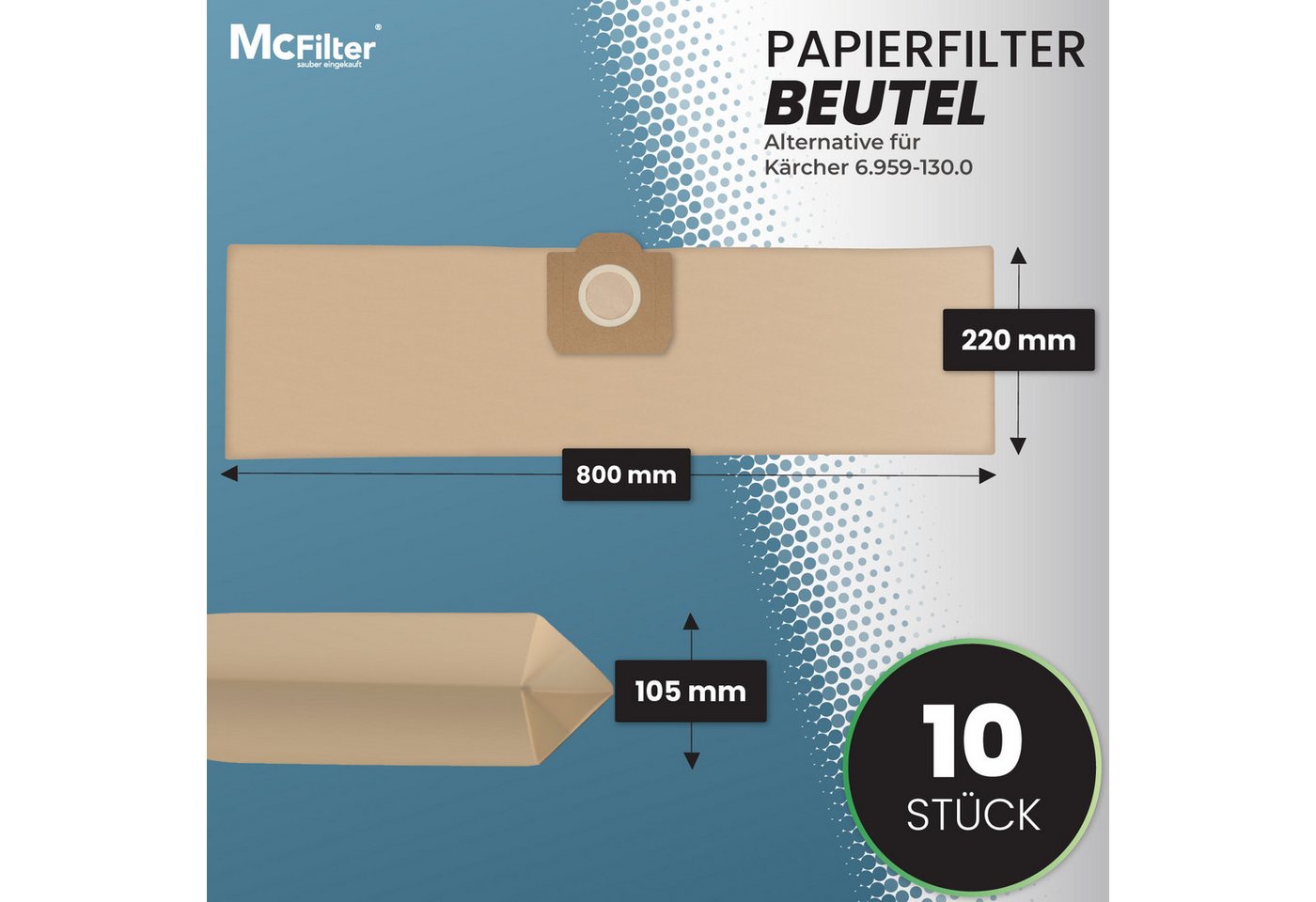 McFilter Staubsaugerbeutel (10 Stück) geeignet für Kärcher 6.959-130.0, passend für Kärcher Nass-Trockensauger WD 3.500 P Staubsauger, Gummidichtring, hohe Reißfestigkeit, ungeeignet für Fein - und Schleifstaub, 10 St., Filterpapier, 3-lagig, formstabile Pappdeckscheibe
