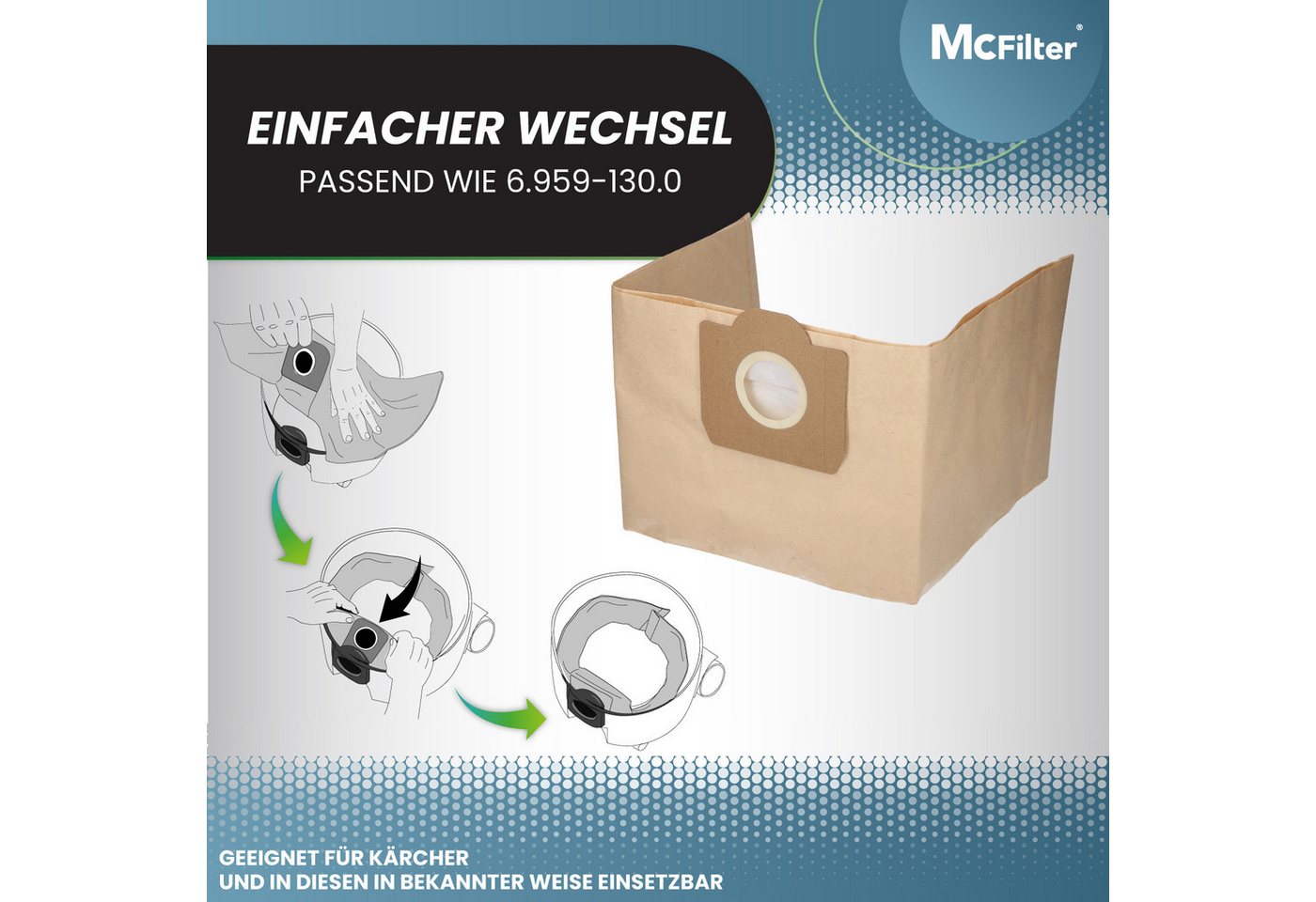 McFilter Staubsaugerbeutel (10 Stück) geeignet für Kärcher 6.959-130.0, passend für Kärcher Nass-Trockensauger WD 3.500 P Staubsauger, Gummidichtring, hohe Reißfestigkeit, ungeeignet für Fein - und Schleifstaub, 10 St., Filterpapier, 3-lagig, formstabile Pappdeckscheibe Bild 3
