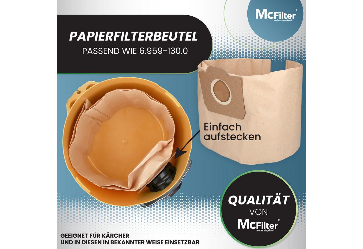 McFilter Staubsaugerbeutel (10 Stück) geeignet für Kärcher 6.959-130.0, passend für Kärcher Nass-Trockensauger WD 3.500 P Staubsauger, Gummidichtring, hohe Reißfestigkeit, ungeeignet für Fein - und Schleifstaub, 10 St., Filterpapier, 3-lagig, formstabile Pappdeckscheibe Bild 4