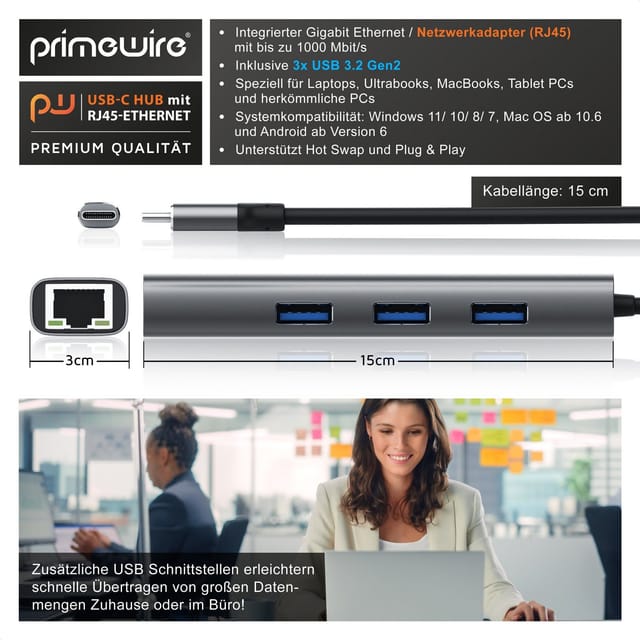 Primewire USB-Adapter, USB 3.2 Gen2 Typ C HUB mit RJ45 Ethernet, LAN Network Adapter