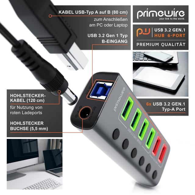 Primewire USB-Adapter, 120 cm, USB 3.2 Gen1 Hub, 6 Port Verteiler aktiv mit Netzteil, 5 Gbit/s
