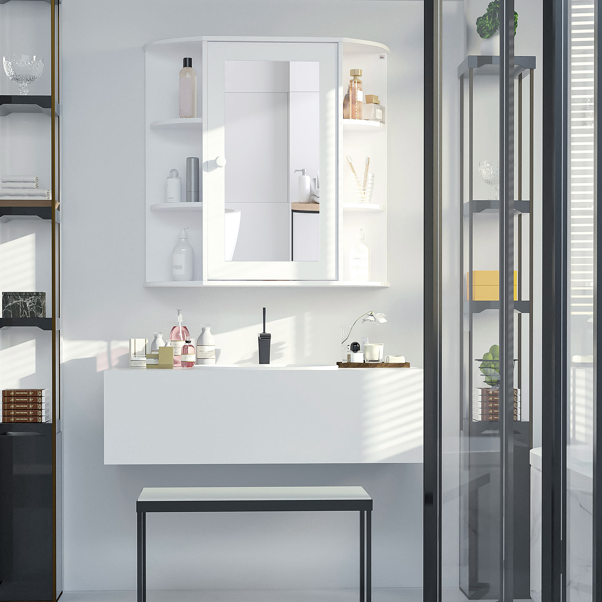 Spiegelschrank Badspiegel Wandmontage Hängeschrank Mit 8 Fächern Mehrzweckschrank Weiß 66x17x63cm Für Badezimmer