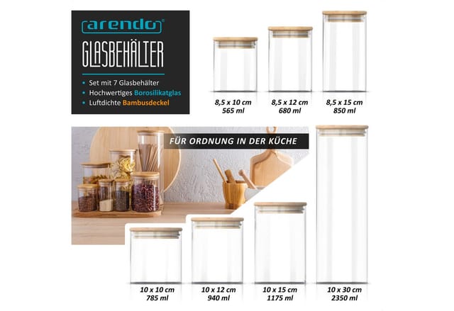 Arendo Aufbewahrungsbecher Glasbehälter-Set 0,56 bis 2,35L Borosilikat rund mit Bambusdeckel, Borosilikatglas, Bambus, Silikon, (Vorratsbehälter-Set, 7-tlg., 7er Set), Hitzebeständig, luftdicht, mikrowellengeeignet und spülmaschinenfest