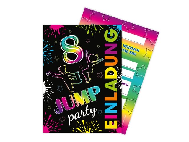 LIMONIA Einladungskarten Jump Party zum 8. Kindergeburtstag Jungs Mädchen Einladungen Trampolin, Einladungskarten zum 8. Geburtstag Trampolinpark Jump Party