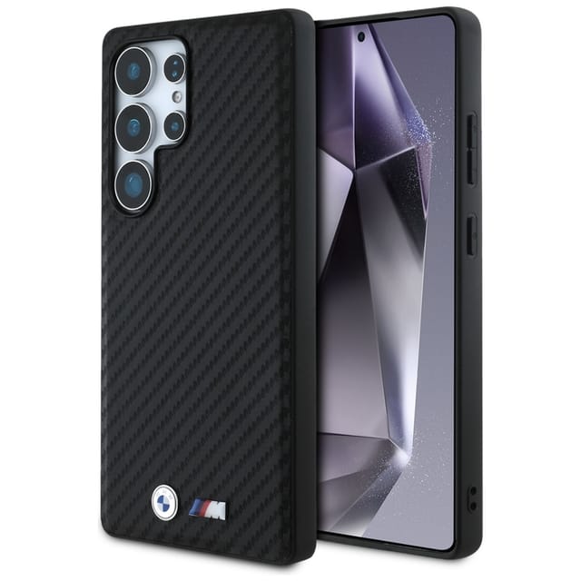 BMW Handyhülle Galaxy S25 Ultra Carbon Look schwarz MagSafe Logo Metall 6,9 Zoll, Kantenschutz