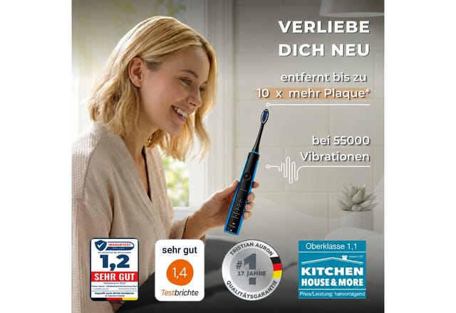 Tristan Auron Schallzahnbürste Elektrische Zahnbürste-55 000 VPM-5 Modi-2 Minuten Timer-Reiseetui, Aufsteckbürsten: 6 St., 2 Min. Timer, 60 Tage Akku, Ladestation, 5 Modi, ergonomisch angepasst