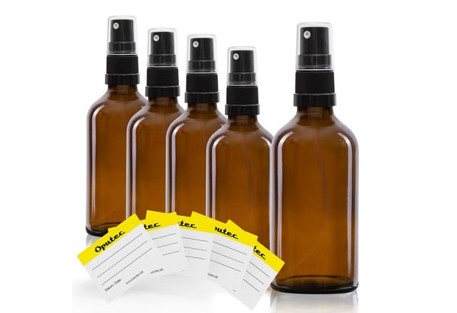 Oputec Sprühflasche 5 x 50ml Braunglas - Sprühflasche, schwarzer Zerstäuber + 5 Etiketten, (Sparset, 5x 50ml)