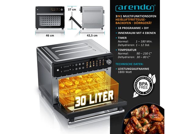 Arendo Minibackofen Airfryer 30L Edelstahl Multifunktionsofen, XXL Heißluftfritteuse 1800W, mini Backofen Dörrgerät + Zubehör, Drehspieß, rotierender Frittierkorb