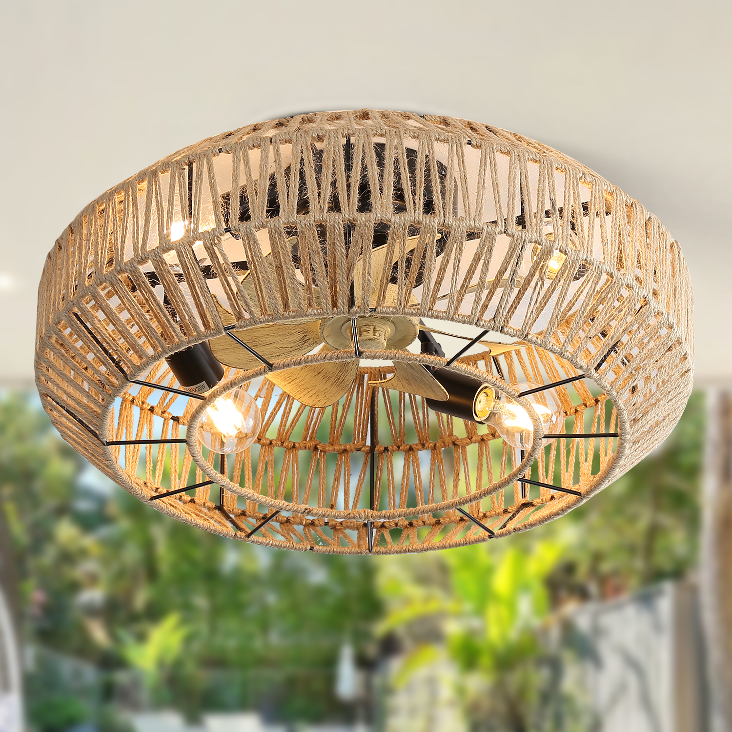 Deckenventilator Mit Beleuchtung 56cm 6 Stufen Reversibler Dc-motor Fernbedienung Abs Boho-stil Rattan