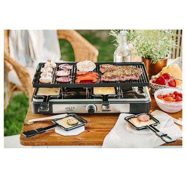 Adler Raclette AD 6616, 8 Raclettepfännchen, 1400,00 W, Elektrogrill, 8 Personen, Tischgrill, Fleisch Gemüse Gerichte, Schwarz