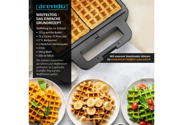 Arendo 3-in-1-Sandwichmaker 4in1 Sandwich Maker, Waffeleisen, Panini Grill, Temperaturkontrolle, 900 W, Kabelaufwicklung, Antihaftbeschichtung, Anti-Rutsch-Füße