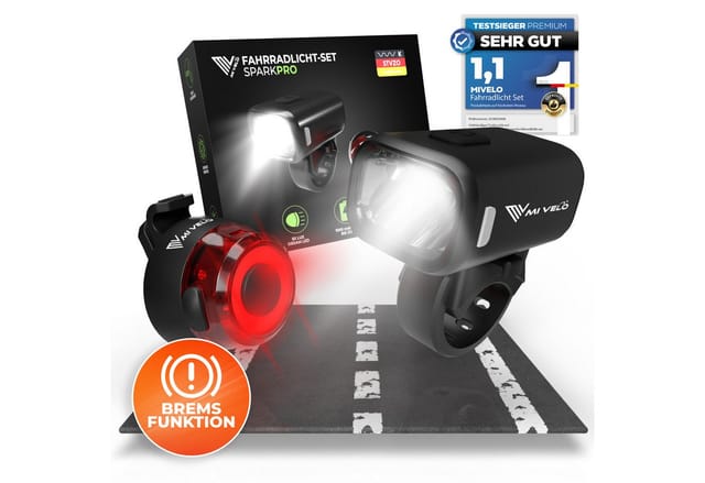 MIVELO Fahrradbeleuchtung SPARK Fahrradlicht Set Akku USB aufladbar StVZO zugelassen wasserdicht, 50 Lux