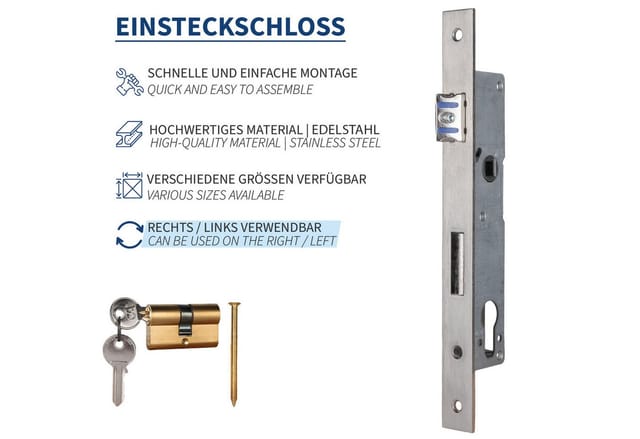 ATTAS Einsteckschloss ATTAS Einsteckschloss inkl. Profilzylinder, Rohrrahmenschloss, Z.B. für Gartentore Drehtüren, Drehtore, Langlebig Drehbare Falle