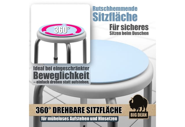 BigDean Dusch- und Badhocker 360° drehbarer belastbarer Duschstuhl bis 136 kg höhenverstellbar, belastbar bis 136 kg, 360° drehteller