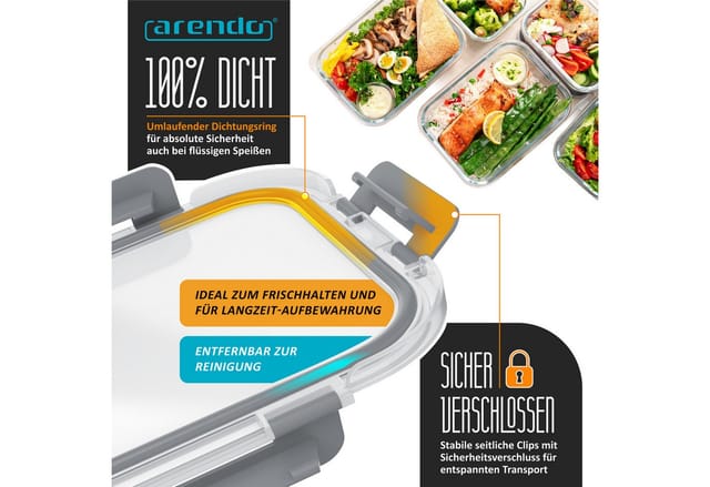 Arendo Frischhaltedose Rechteckige Vorratsdose, Klick-Deckel für Lebensmittel, stapelbar, Glas, (Set, 2-tlg., 2er Set Lunchboxen), Borosilikatglas, 1520ml, luftdicht, backofenfest, mikrowellengeeignet
