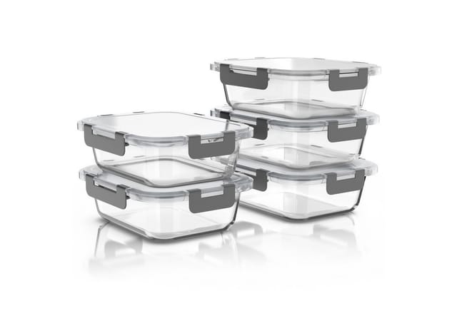 Arendo Frischhaltedose 5x Vorratsdosen Rechteckig 1040 ml für Meal Prep / Lebensmittel, Borosilikatglas, (Set, 5-tlg., 5er Set Glas-Frischhaltedosen mit Deckel), Mikrowellen-, Ofen-, Gefrier- & spülmaschinengeeignet, luftdicht