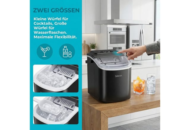 Silonn Eiswürfelmaschine Eiswürfelmaschine kompakt, 2 Eisgrößen, Selbstreinigung, tragbar, 6-minütige Eisherstellung