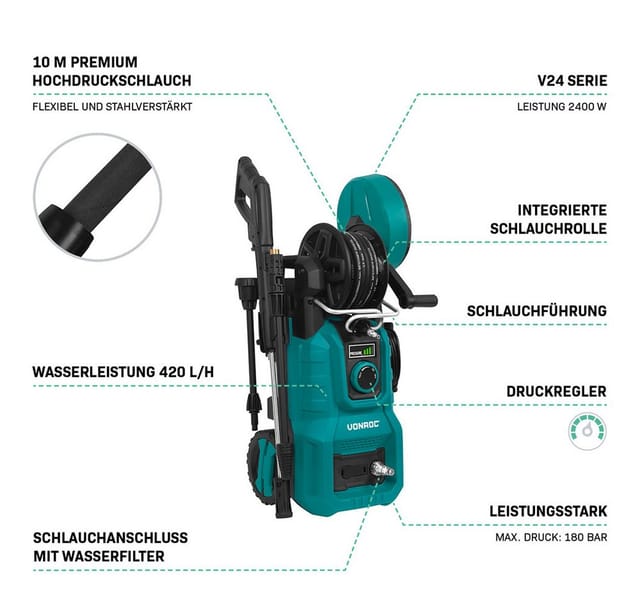 VONROC Hochdruckreiniger 2400W, Druck max: 180 bar, Fördermenge max: 420 l/h, (Set, 11 tlg., PW512AC), inkl. Druckregeler - Schlauchtrommel - Aluminium Pumpe - V24 Serie