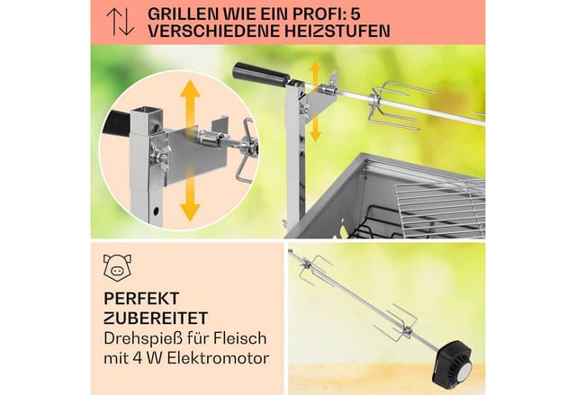 Klarstein Holzkohlegrill Sauenland Mini, Set, Grillspieß mit Motor Grill Drehspieß mit Motor Spanferkel Grill