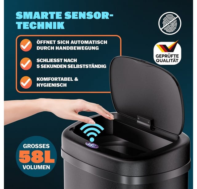 monzana Mülleimer, 58 L Automatik Sensor Mülleimer LED Display Müllbehälter berührungslos